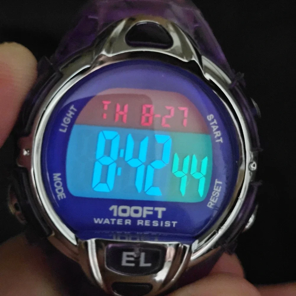 Women's Sports Digital Watch 36MM Pink Purple Plastic Case Bands NEW Battery